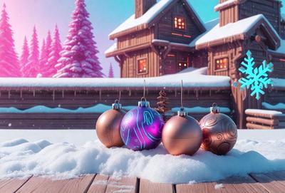 The primary subject of the image is a group of five Christmas ornaments, which are placed on a wooden surface. The ornaments are made of glass and are of various shapes and sizes. The setting is a snowy environment, with a house in the background. The visual style of the image is a combination of photo and digital art, creating a festive and cozy atmosphere. The colors and mood of the image are predominantly white and purple, with the snow adding a touch of coldness to the scene.